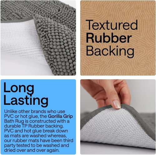 GORILLA GRIP Bath Rug Mat - Soft Absorbent Chenille | Quick Dry Microfiber, 48x17, Charcoal
