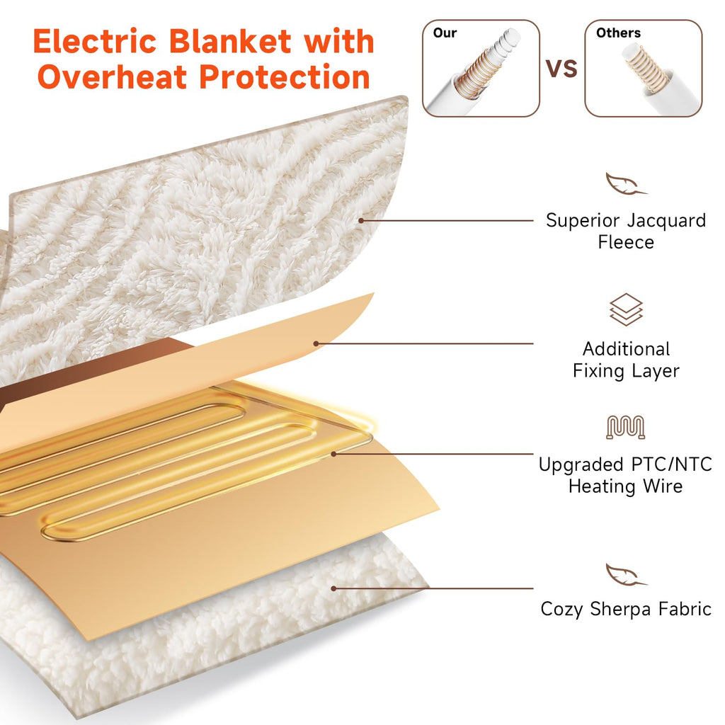 TiMiCalda Heated Throw Blanket Electric - 50"x60" Cozy Soft Jacquard Heating Blanket with 4 Heat Levels & 4 Hours Auto-Off, Electric Throw with Overheating Protection, Warm Gifts, Cream