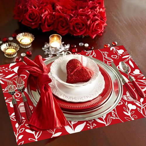 Red Heart Love Leaves Paper Placemats Disposable 50 Pack Happy Valentine's Day Placemats 16x 11 Inch Paper Table Mats for Home Kitchen Dining Table Party Decoration