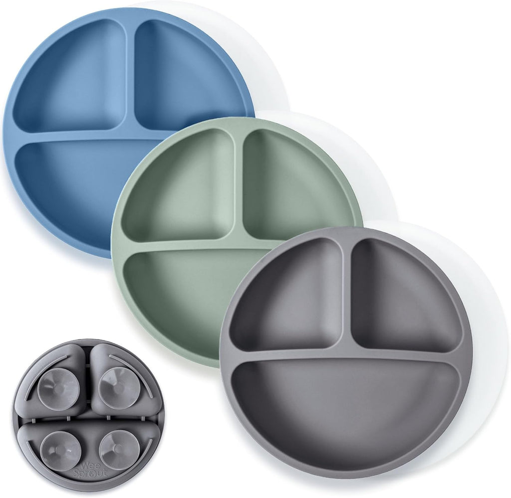 WeeSprout Suction Plates - 100% Silicone Dinnerware Set for Babies & Toddlers | Divided Design, 3 Pack