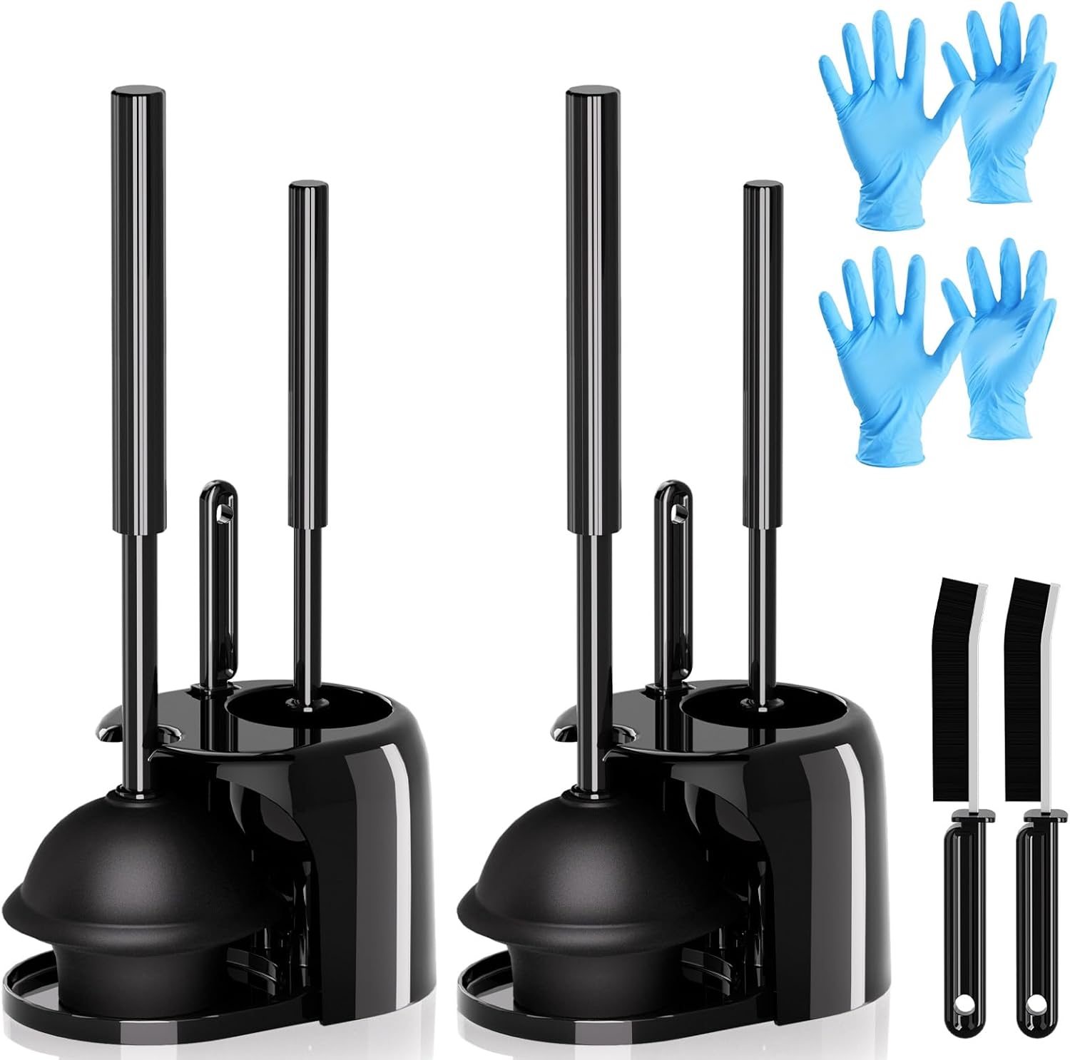 Skiennix 4-In-1 Toilet Brush and Plunger Set - Extra Long Handle with Crevice Cleaner | Black, 2 Pack