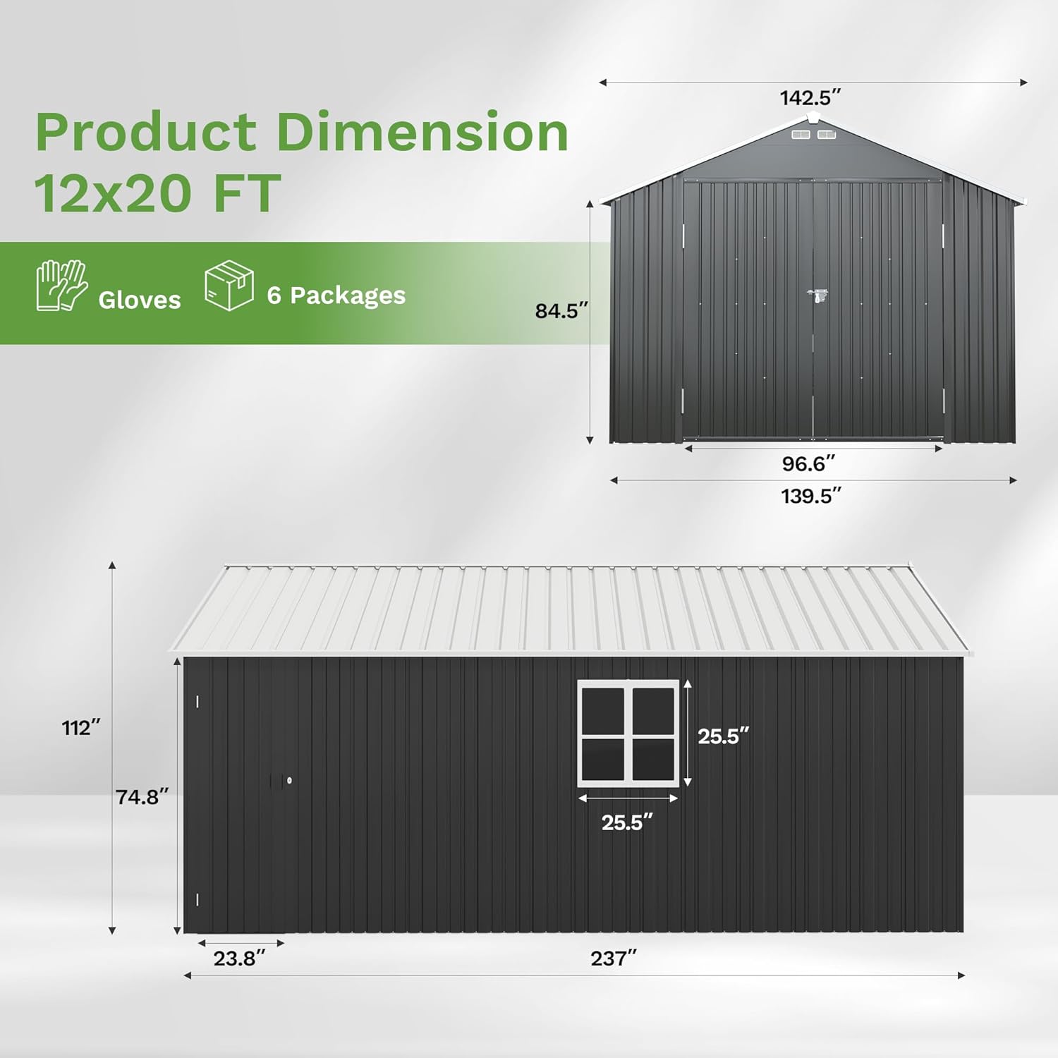 Patiowell 12x20 FT Outdoor Storage Shed - Large Metal Garden Shed with Lockable Doors & Vents | Waterproof Black Design