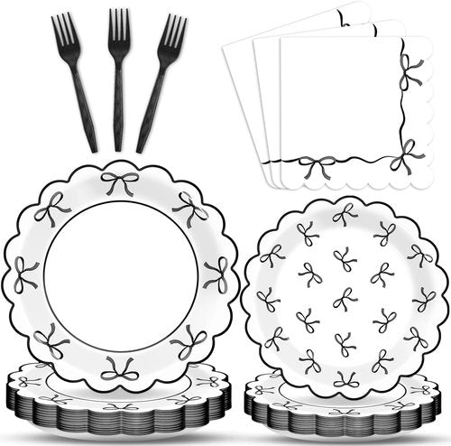 Bowknot Party Decorations | 96 Pcs Black & White Birthday Paper Plates & Napkins | Perfect for Bachelorette & Bridal Showers