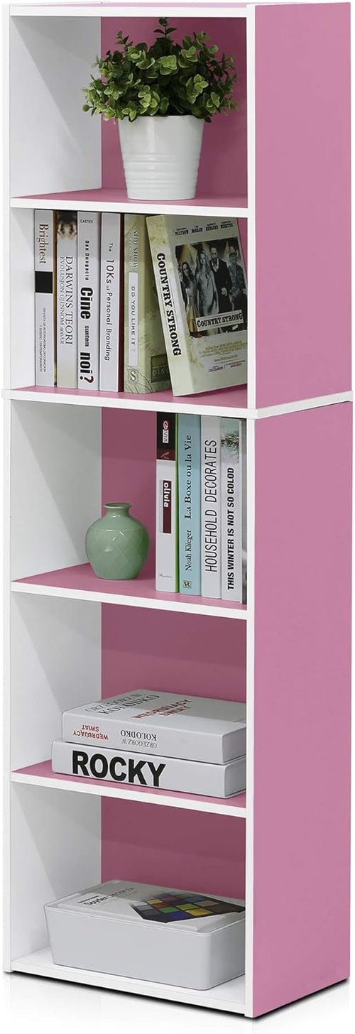Furinno LUDER 5-Tier Bookshelf - Open Shelves for Easy Assembly | White/Pink, 9.4 x 15.8 x 52 Inches
