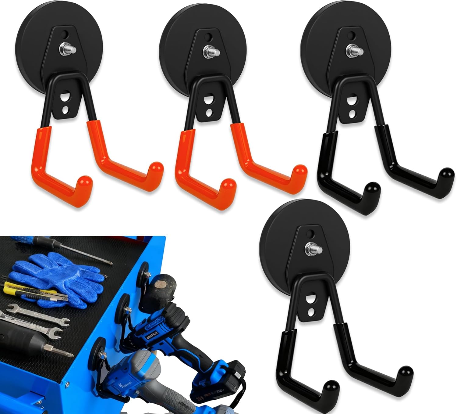 Skiennix Heavy Duty Magnet Hooks - No Damage Rubber Coated Design | 4 Pack in Orange & Black