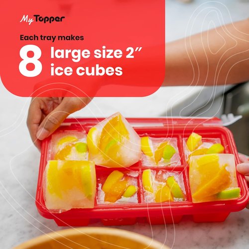 IceTopper XL Ice Cube Tray - Easy Release Silicone Molds with Lids, 8 Large Cubes, Stackable, BPA Free (2 Pack)