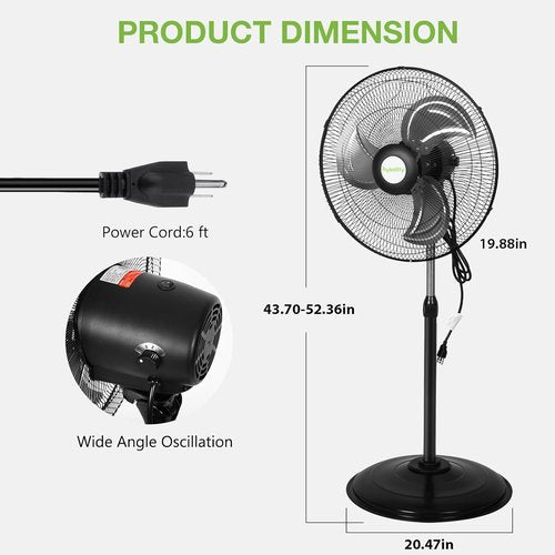 Hykolity 18" High Velocity Pedestal Oscillating Fan - 3850 CFM, 3-Speed Heavy Duty Metal Design for Garage & Commercial Use
