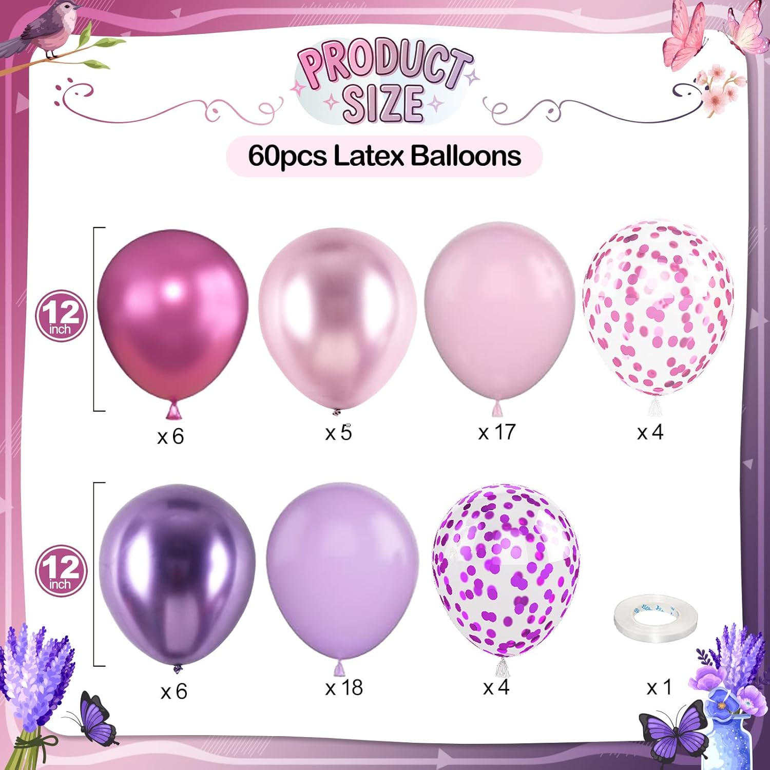 Regine Switzerland 60 Pcs Pastel Metallic Balloons - Pink & Purple Confetti for Birthday & Bridal Showers