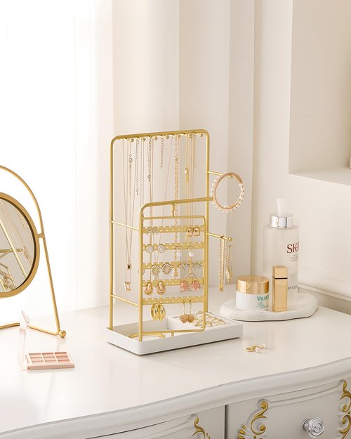 Lolalet Jewelry Organizer Stand, No Assembly Needed Display Storage with Rotating Earring Holder for Necklace Bracelet Rings, Galentines Valentines Gifts Room Dorm Decor for Women Girls -Gold