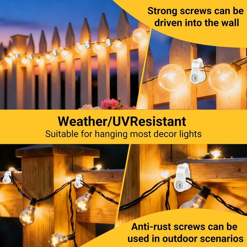 60 Pack Hooks for Outdoor String Lights, Christmas Light Clips, Waterproof Light Hanger Hooks Screw-in Hooks Pergola hooks Fence Hooks for hanging Christmas lights, Cable, Rope, Fairy Lights-White