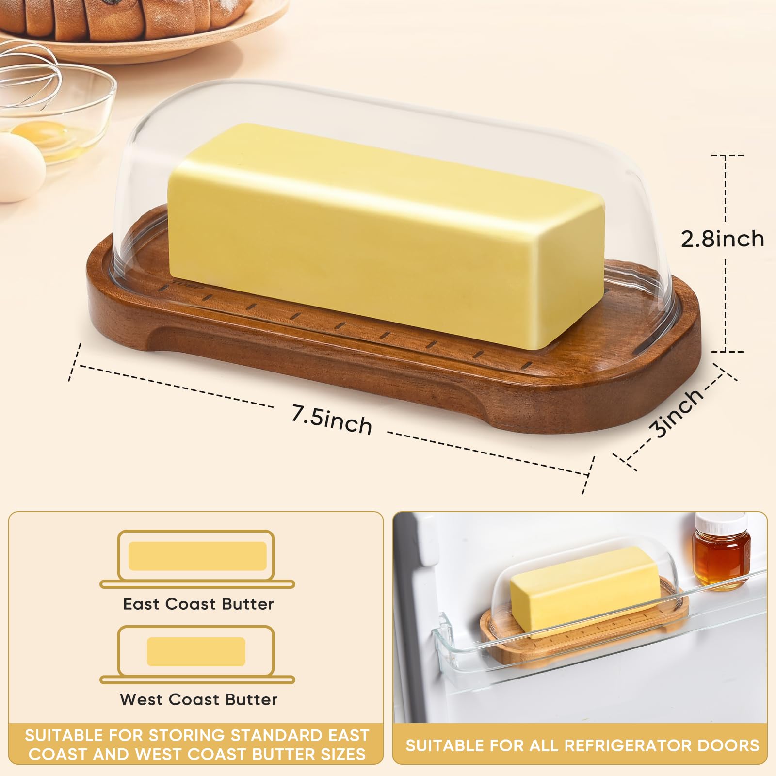 Butter Dish with Lid, Butter Container Holds for East/West Coast Butter, Butter Tray with Lid Fridge - Butter Holder for Counter, 2026 Upgrade