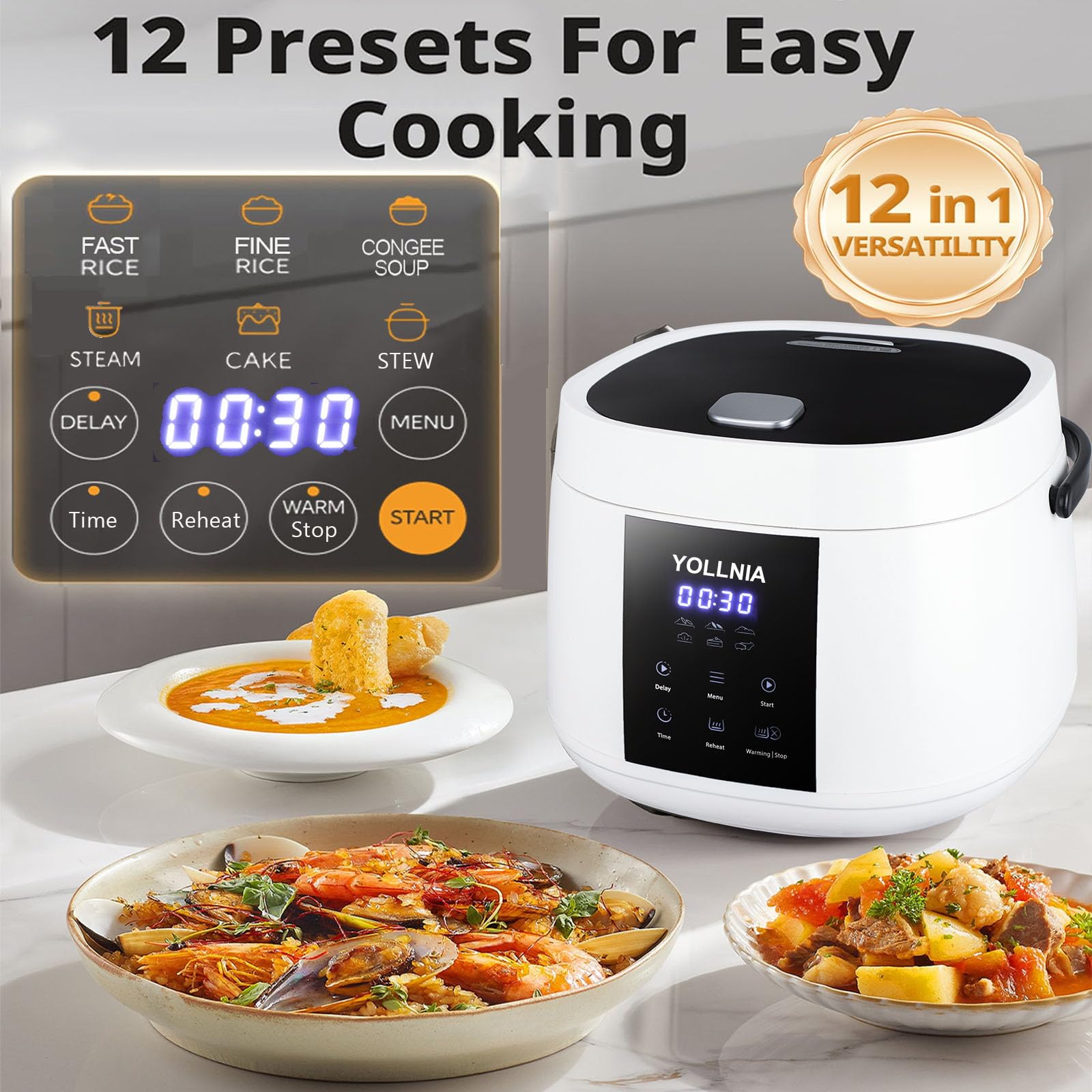 Yollnia 3L Rice Cooker 12 cups (Cooked), Mini Digital Rice Cooker,6 in 1 Multicooker for Grain, Preset and Reheat Options, 12-Hr Delay Timer, Auto Keep Warm, Non-Stick Inner Pot with Steaming Basket