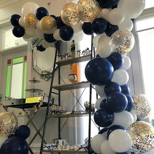 KALOR 12-Inch Metallic Gold Latex Balloons - 60 Pcs Navy Blue & White Confetti for Parties & Celebrations