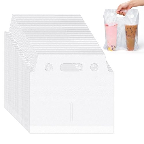 Whaline 1500 Count Handle Drink Bag 2 Cups Clear Plastic Packaging Poly Bag Carriers for Delivery Take Out Cup Holder Beverage Coffee Juice Mike Tea Supplies