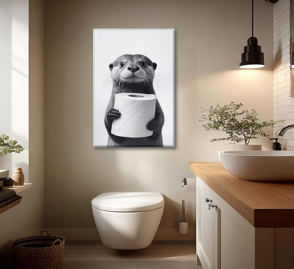 Regine Switzerland Funny Raccoon Canvas Wall Art - Black & White Farmhouse Bathroom Decor