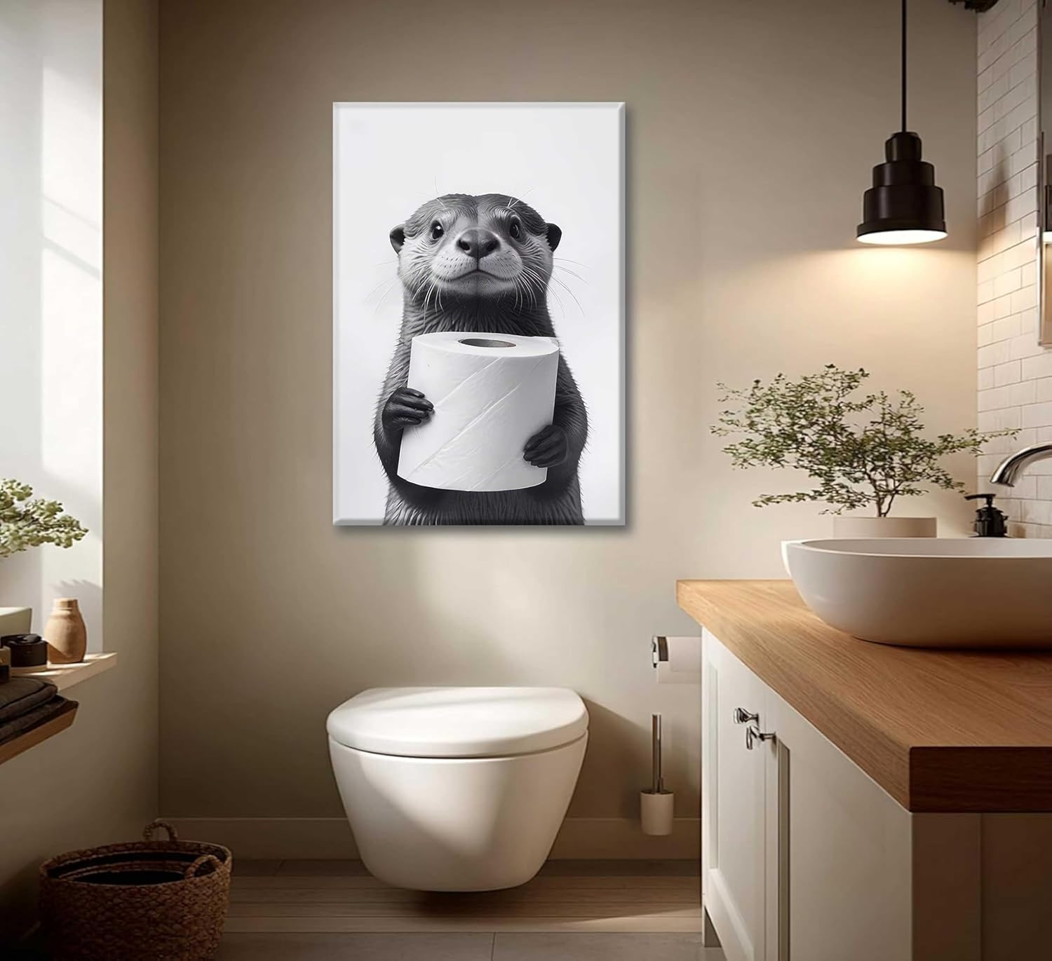 Regine Switzerland Funny Raccoon Canvas Wall Art - Black & White Farmhouse Bathroom Decor