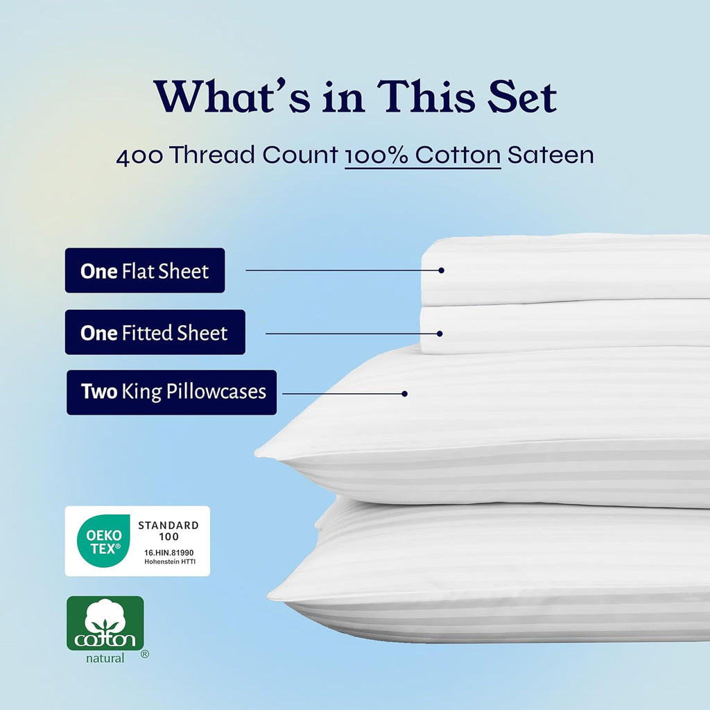 California Design Den King Sheet Set - 100% Soft Cotton, 400 TC, Silky Smooth Sateen, Deep Pockets - Striped White