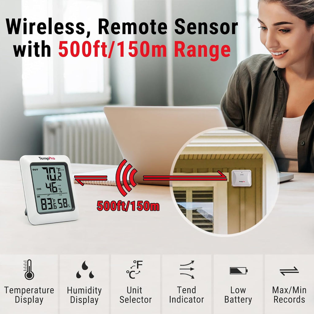 TempPro TP60 Digital Hygrometer - Wireless Temperature & Humidity Monitor | 500ft Range, Accurate Readings