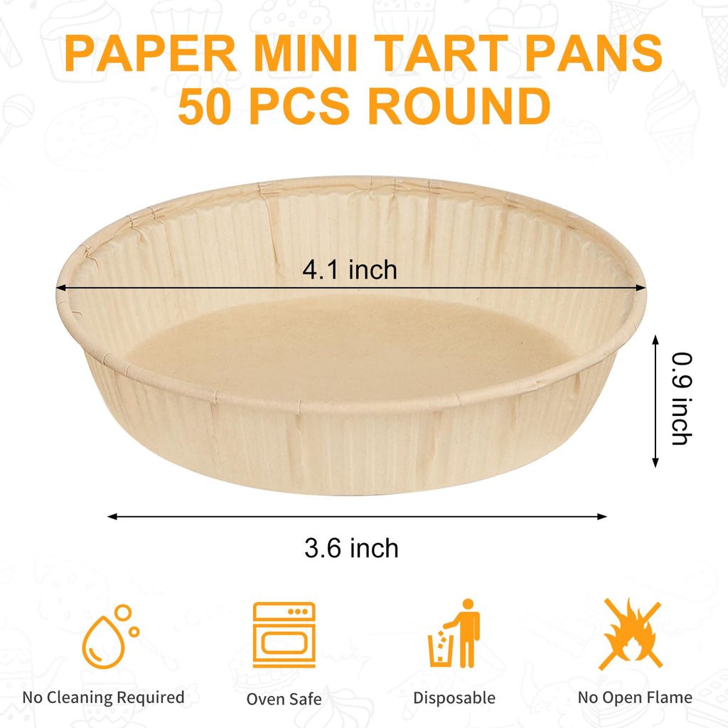 ZORRITA 50 Pcs Mini Tart Pans for Baking, 4 Inch Disposable Paper Pie Pans for Individual Small Pies, Tarts, Quiche, Cakes, Breakfast Sandwiches, Desserts, Cinnamon Rolls