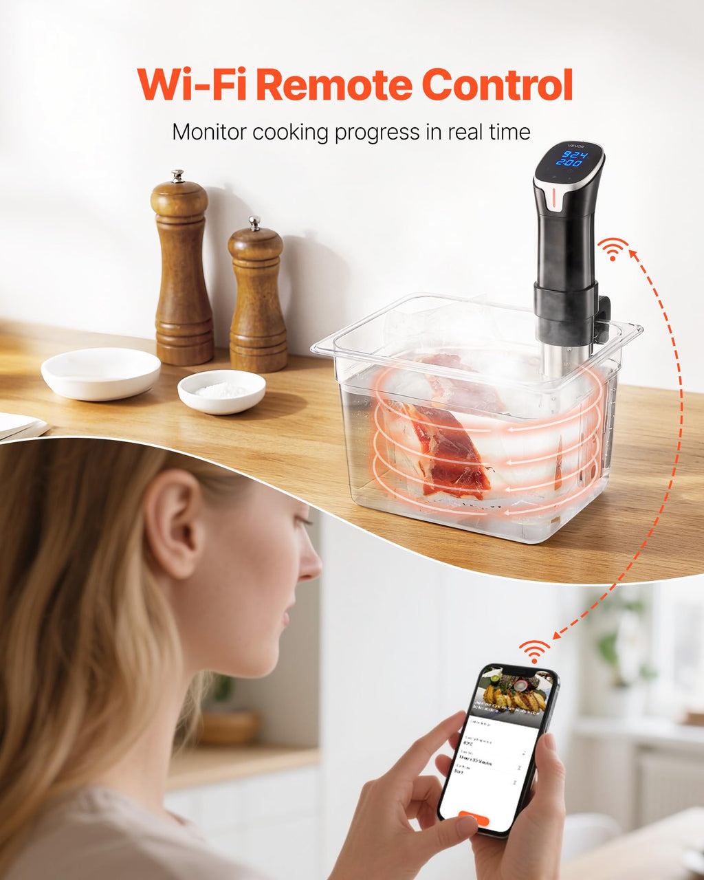 VEVOR Sous Vide Precision Cooker, 1100W Sous-Vide Cooking Machine, WIFI Immersion Circulator with LED Digital Display, Fast-Heating, Accurate Temperature & Timer Control, SUS304 Stainless Steel
