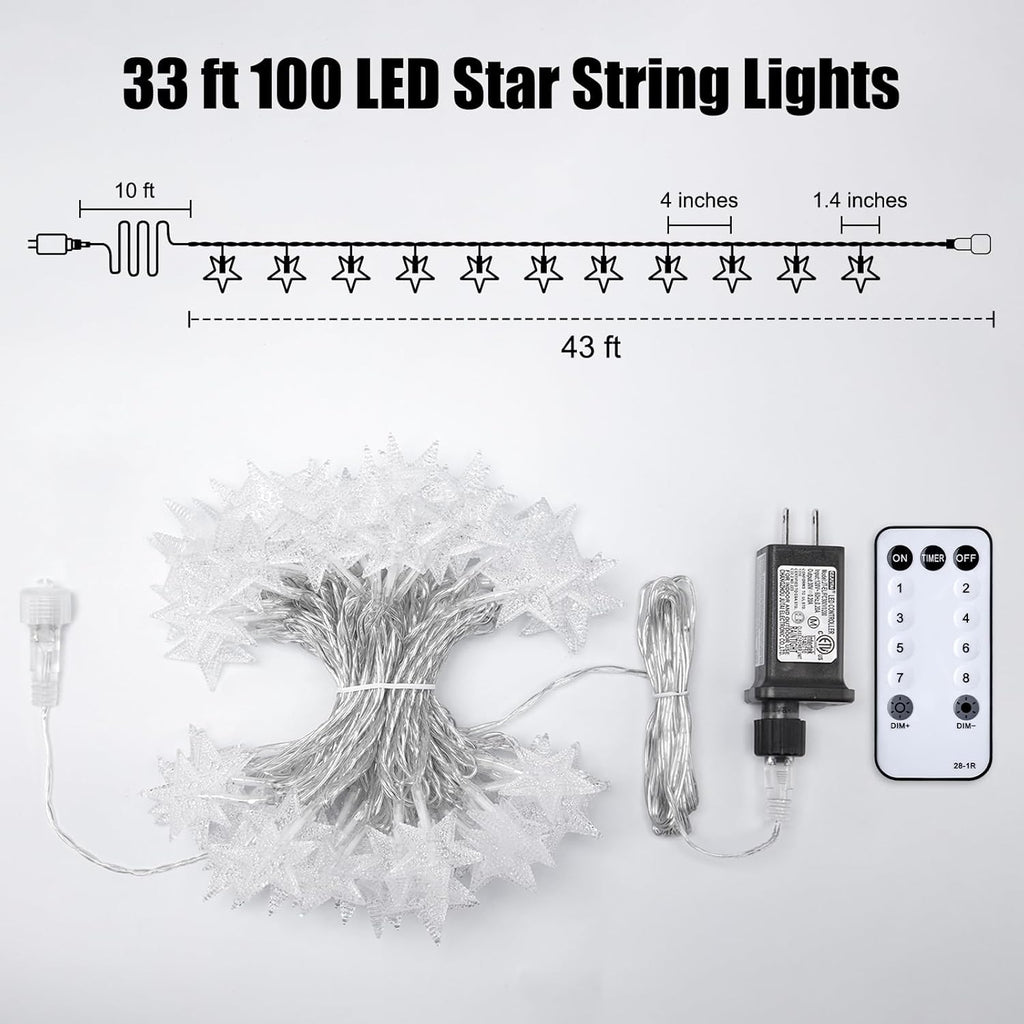 Star String Lights - 33 Ft 100 LED Waterproof Fairy Lights with Remote & Timer | 8 Modes for Bedroom & Patio