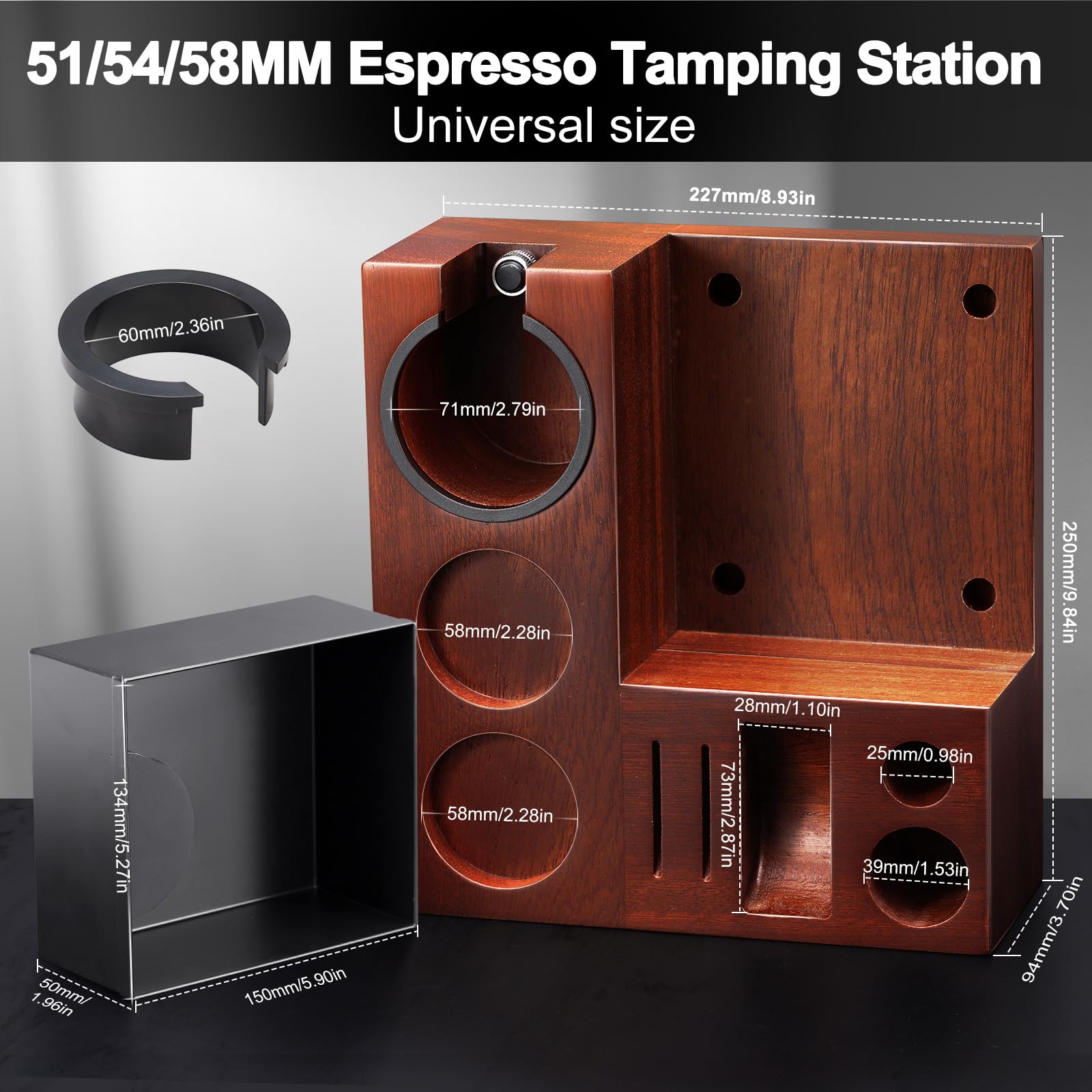 FOSINSEE Espresso Knock Box, Walnut Tamping Station, 9 in 1 Coffee Organizer Box Fit for 51mm 54mm 58mm, Coffee Distributor & Portafilter, Espresso Accessories Kit