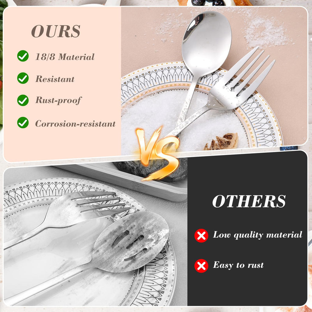 Dualshine 10PCS 18/8 Stainless Steel Serving Utensils Set for Parties, Kitchen Serving Tools-Include Serving Spoons, Slotted Spoons, Serving Forks Tongs Soup Ladle, Cake Pie Server for Buffet, Wedding