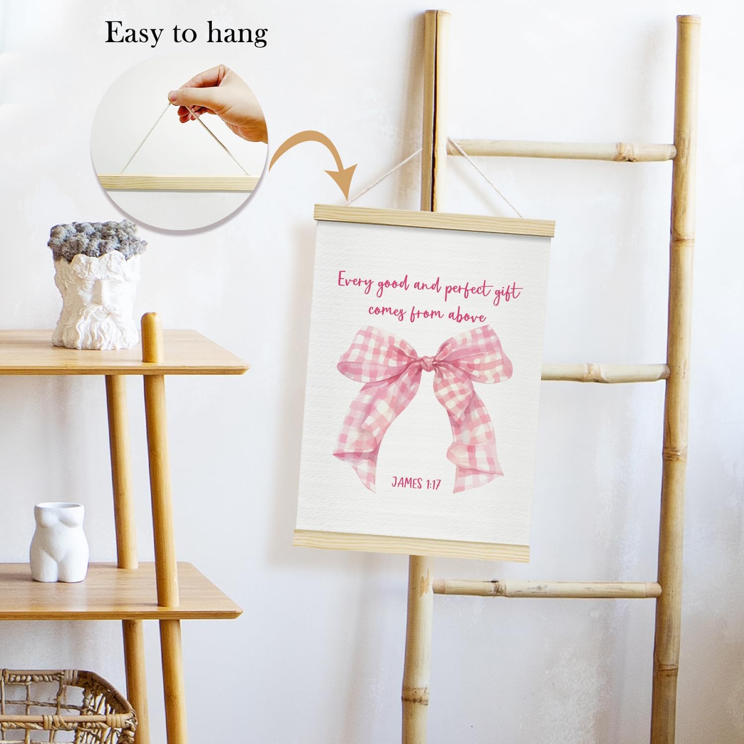 TRKAE Pink Bow Ribbon Canvas Poster Hanger Frame | Trendy Christian Wall Art for Girls - Perfect Bedroom Decor