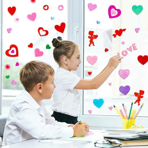 MARFOREVER 6 Sheets Valentine's Day Gel Window Clings, Heart Thick Gel Clings Pink Red Love Themed Valentine Window Stickers Decals for Classroom Office School Home Gift Giving Supplies