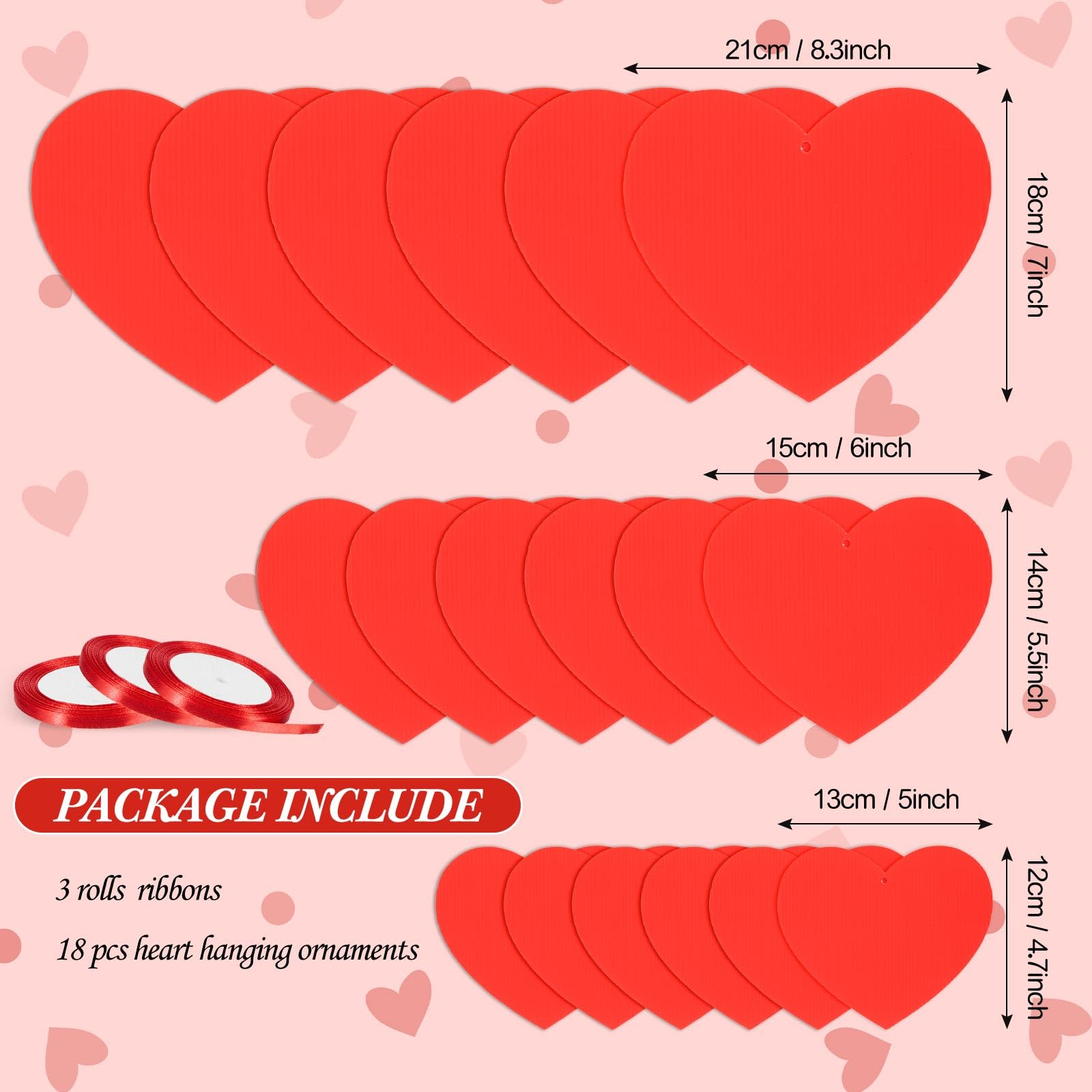 Hanaive 18 Pcs 3 Sizes Valentine's Day Outdoor Decorations Red Hanging Heart Ornaments with 3 Rolls 24 Yard Polyester Silk Satin Ribbon for Porch Tree Lawn Yard (Red)