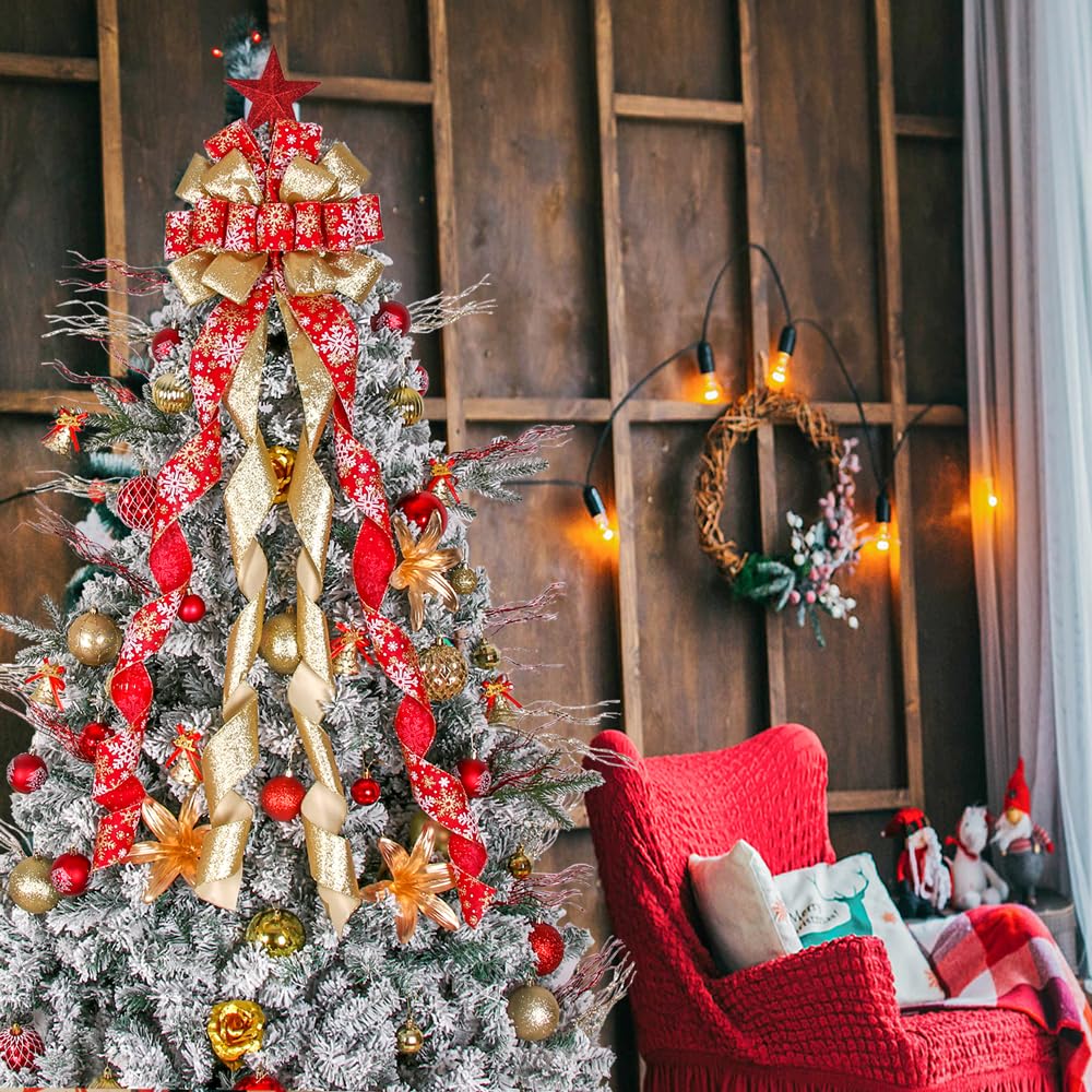 Christmas Tree Topper Wreath Bow Large Christmas Bow Tree Topper 52"x13" Red Gold Snowflake Patterned Gift Bows for Xmas Holiday Home Wedding Thanksgiving Indoor/Outdoor Decoration