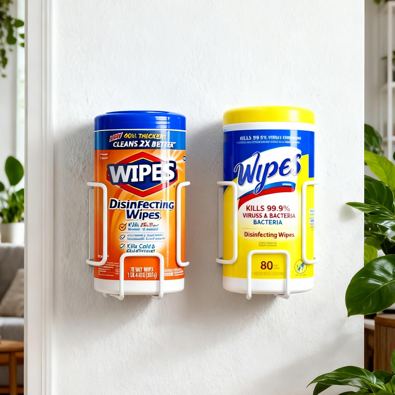 Wall-Mount Wipes Holder, Wipes Dispenser for Surface Cleaning Wipes, 5mm Steel Wire, Easy-Load Design with Strong Adhesive Backing (White, Small)