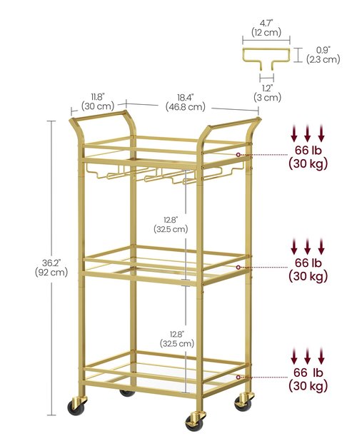 VASAGLE Bar Cart, Home Bar Serving Cart, Small Bar Serving Cart with 3-Tier Shelf, Wine Holders, Glass Holders, Mini Bar Cart for Small Spaces, Kitchen, Dining Room, Living Room, Pale Gold