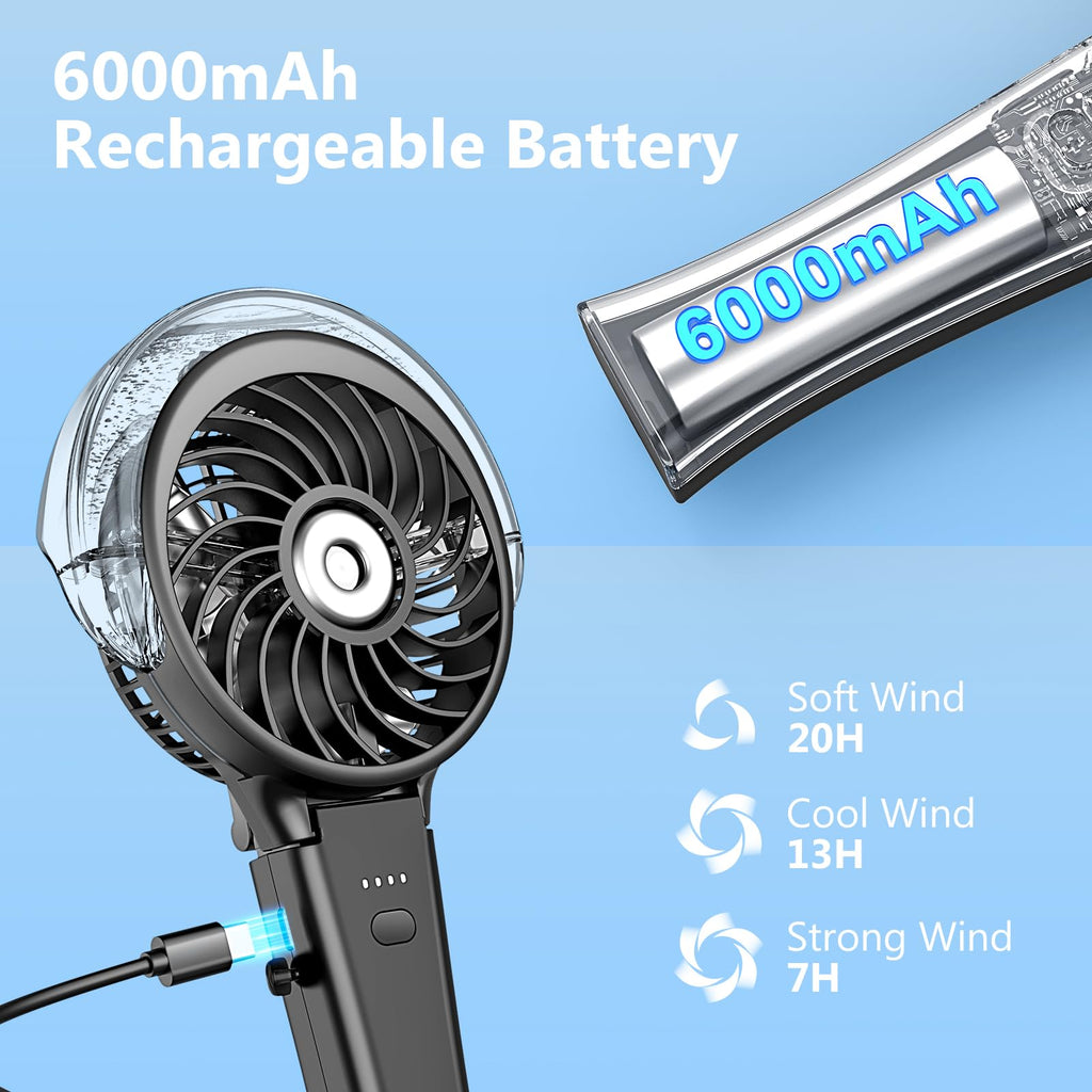 WITHOUSE 6000mAh Portable Handheld Misting Fan as Backup Power, 50ml XL Water Tank, 20H Runtime 3 Speeds, 180° Foldable Rechargeable Mist Fan for Travel, Outdoors, Makeup - Black