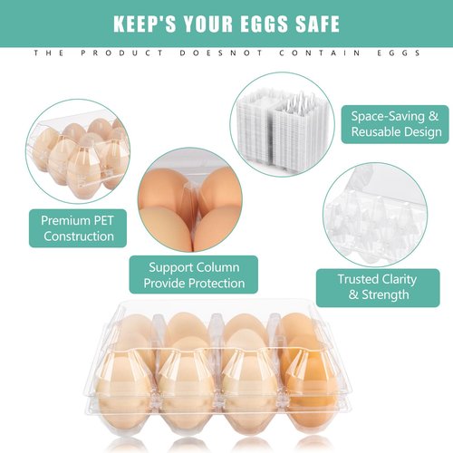 SINLUCESCE 50 Packs Egg Cartons Cheap Bulk，Plastic for 12 Eggs， Clear Egg Cartons 3 * 4 Grids，Perfect for Refrigerator Chicken Farm Markets Commercial Business Market Display