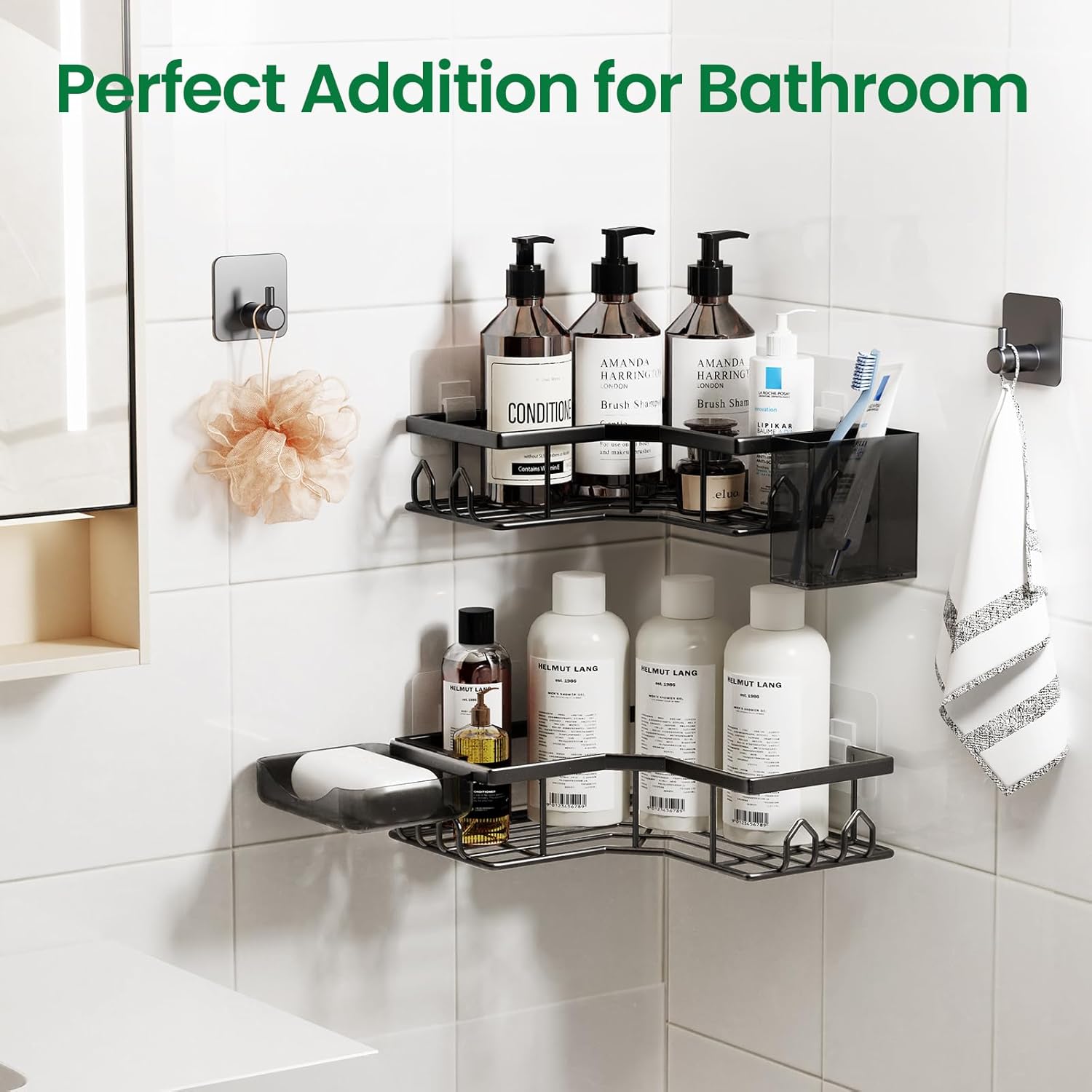 Skiennix Adhesive Shower Caddy - Rustproof Stainless Steel Corner Organizer | 2 Pack with Large Capacity