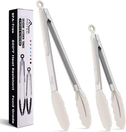 HOTEC Premium Stainless Steel Kitchen Tongs - Locking Design with Silicone Tips, Set of 2 (9" & 12")