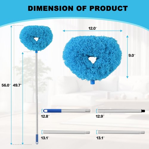 Ceiling Fan Cleaner Duster Reusable Microfiber Ceiling Fan Blade Cleaner Removable Duster with Extension Pole Adjusts 13 to 49.7 Inch for Cleaning Walls Bookshelves Furniture Door Window Top (Blue)