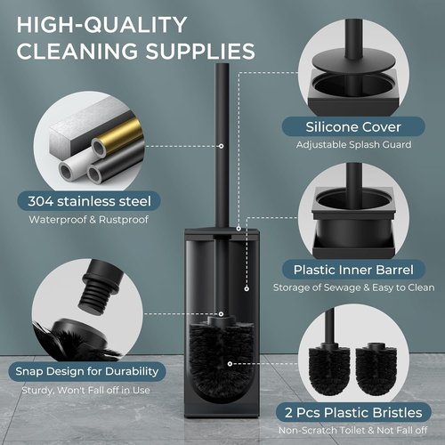 FORIOUS Toilet Brush Set - Heavy Duty 304 Stainless Steel Base, Drip-Proof Design, Black | 2 Brush Heads