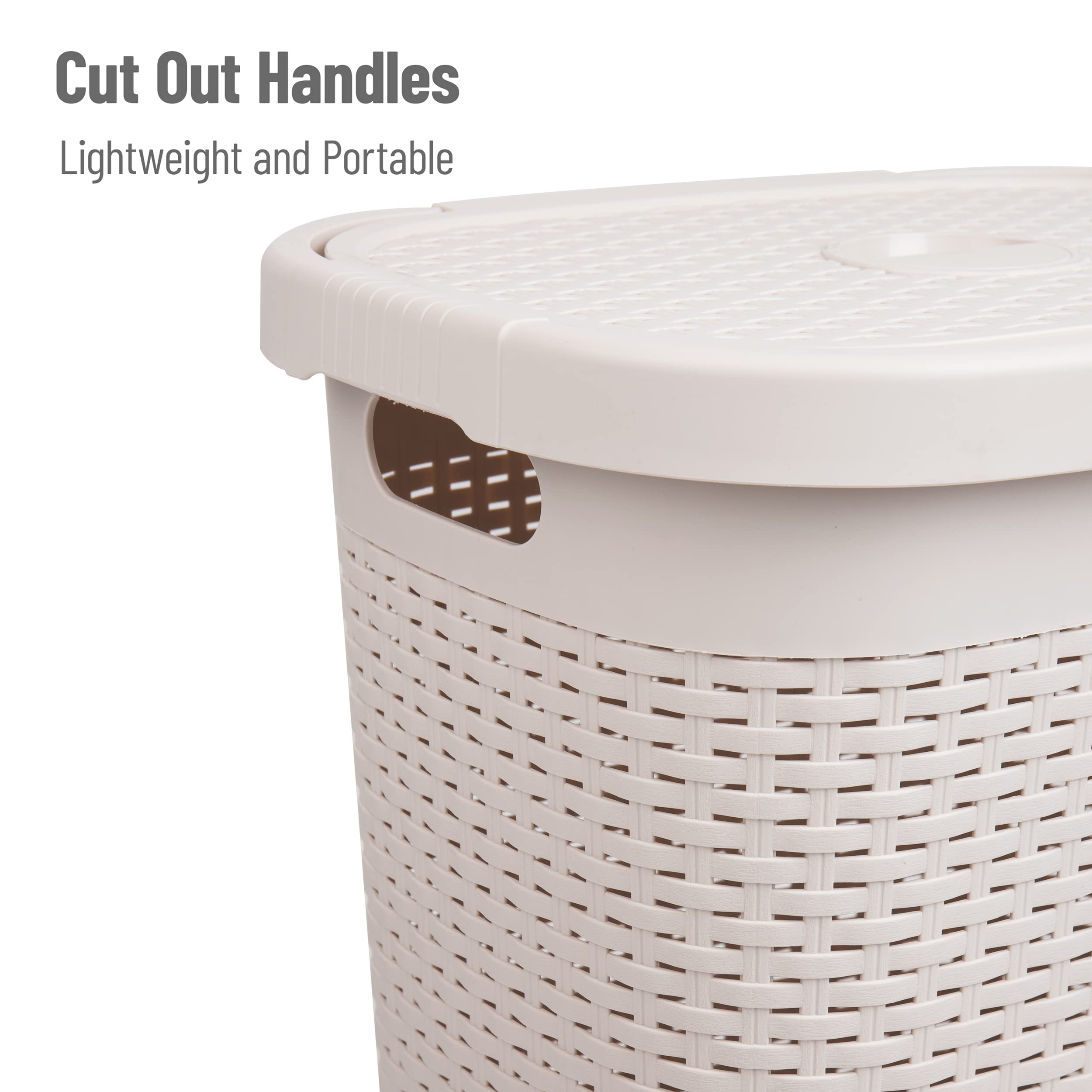 Mind Reader 50L Slim Laundry Hamper, Set of 2, Clothes Basket, Lid, Wicker Design, Plastic, 17.65"L x 13.75"W x 21"H, Ivory