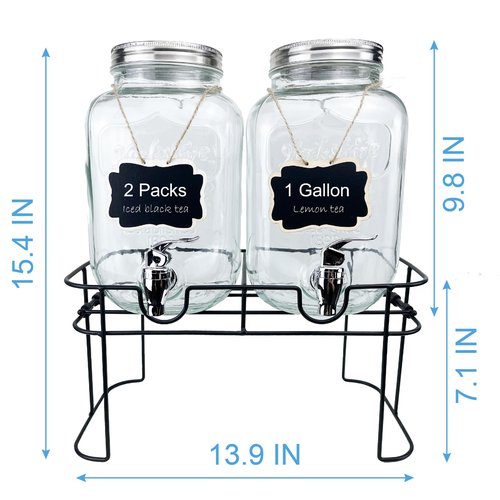 1 Gallon Glass Drink Dispenser for Parties, 2 Packs Juice Lemonade Ice Tea Water Dispenser with Stand, HENABLE Beverage Dispensers with Spigot for BBQ, Picnic, Party