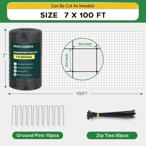 FEED GARDEN Heavy Duty Deer Netting - UV-Protected 7x100ft Garden Fence with 3/4" Mesh | Includes 10 Stakes & 50 Zip Ties