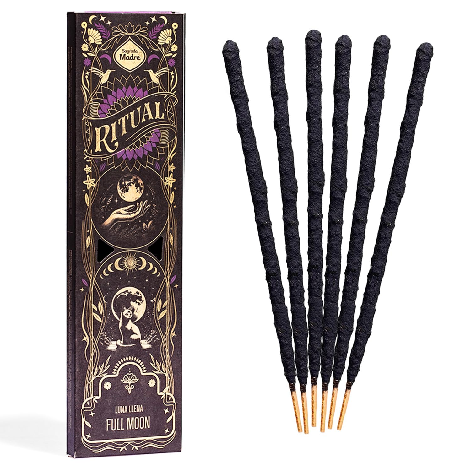 Ritual - Full Moon Incense Sticks, Expresses Your Intentions and Desires, 6 Sticks, 9 Inches Each, Natural Incense with Aromatic Concentrated Oil, Charcoal, Natural Binder & Salt - 1 Hour Burn Time