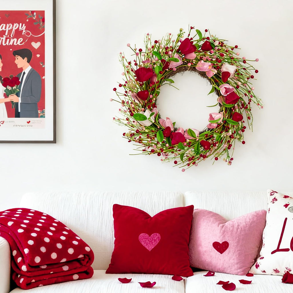 WDS WONDROUS 18.8 Inch Valentine's Day Wreath, Red Pink White Tulip Heart Wreath for Front Door Decor, Spring Wedding Anniversary Party Decoration