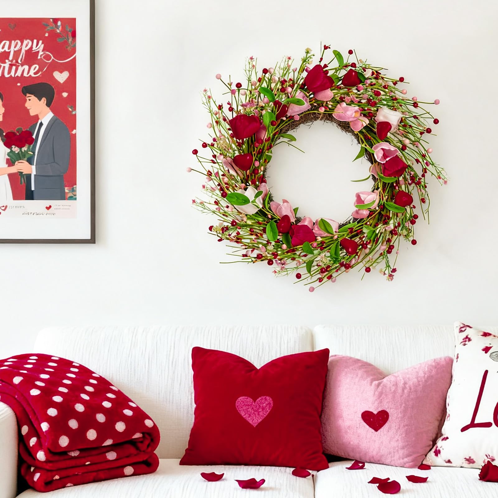 WDS WONDROUS 18.8 Inch Valentine's Day Wreath, Red Pink White Tulip Heart Wreath for Front Door Decor, Spring Wedding Anniversary Party Decoration