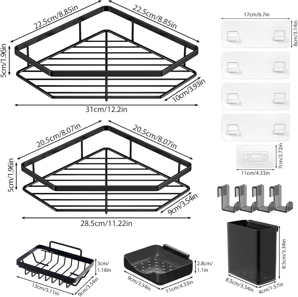 Skiennix Corner Shower Caddy - 5-Pack Adhesive Organizer Shelves | No-Drill Stainless Steel Storage Rack (Black)
