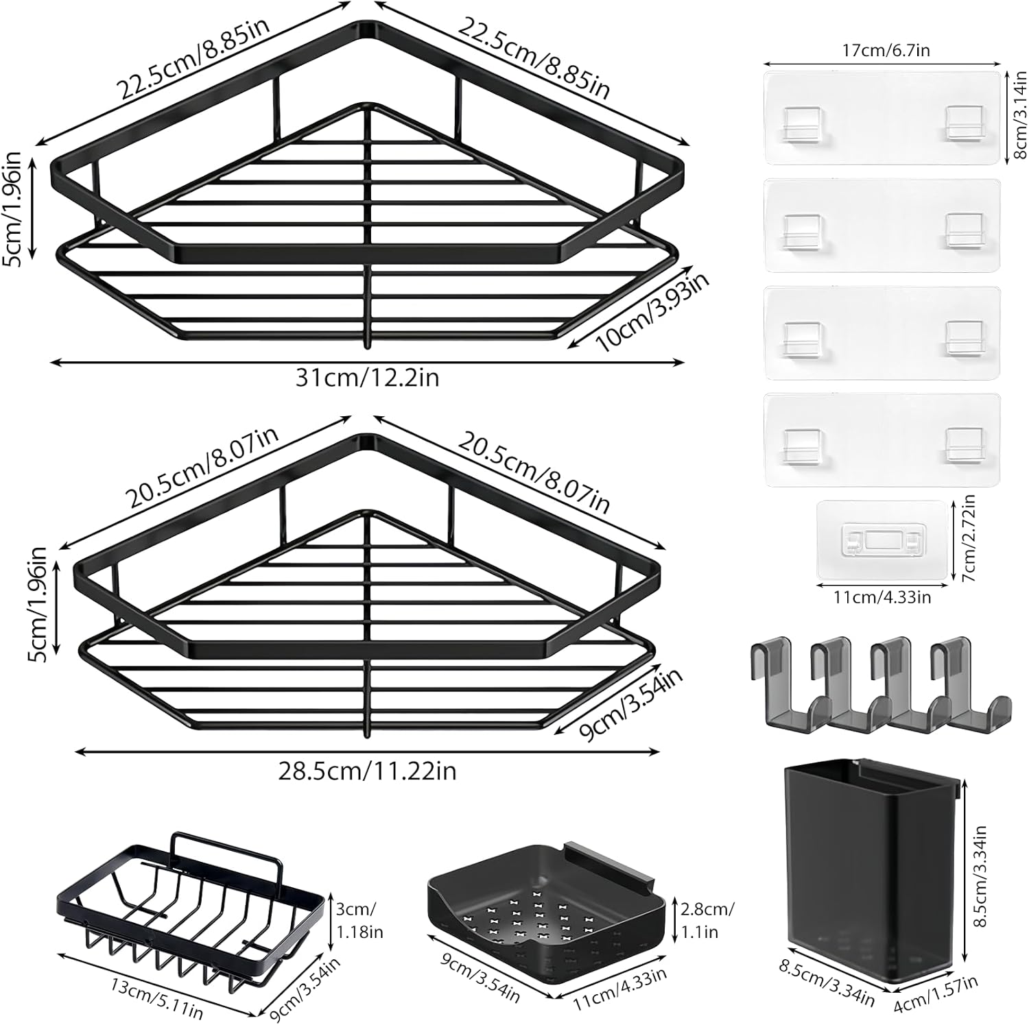 Skiennix Corner Shower Caddy - 5-Pack Adhesive Organizer Shelves | No-Drill Stainless Steel Storage Rack (Black)