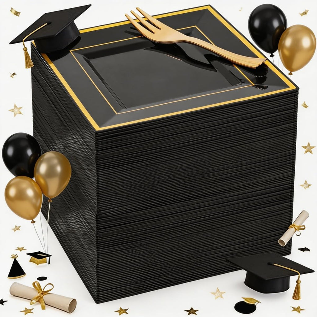 WDF 200PCS Black and Gold Plastic Dessert Plates with Plastic Forks -6’’ 100 Square Disposable Appetizer Plates Small Plate Cake Plate with Gold Rim for Wedding/Party/Birthday/Graduation