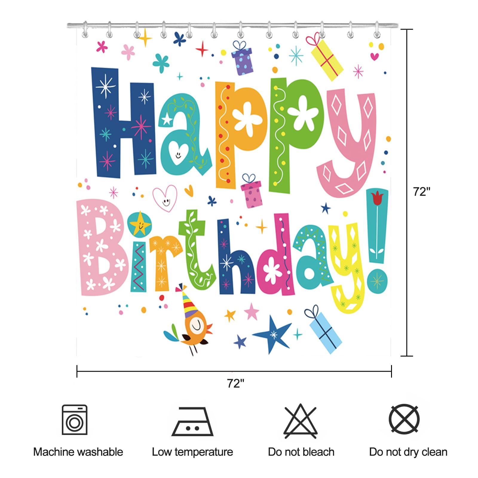 ZCHOMI Happy Birthday Shower Curtain Kids Birthday Party Rainbow Shower Curtains for Bathroom Waterproof Polyester Fabric Bathroom Curtain 72 x 72 Inch with 12 Plastic Hooks