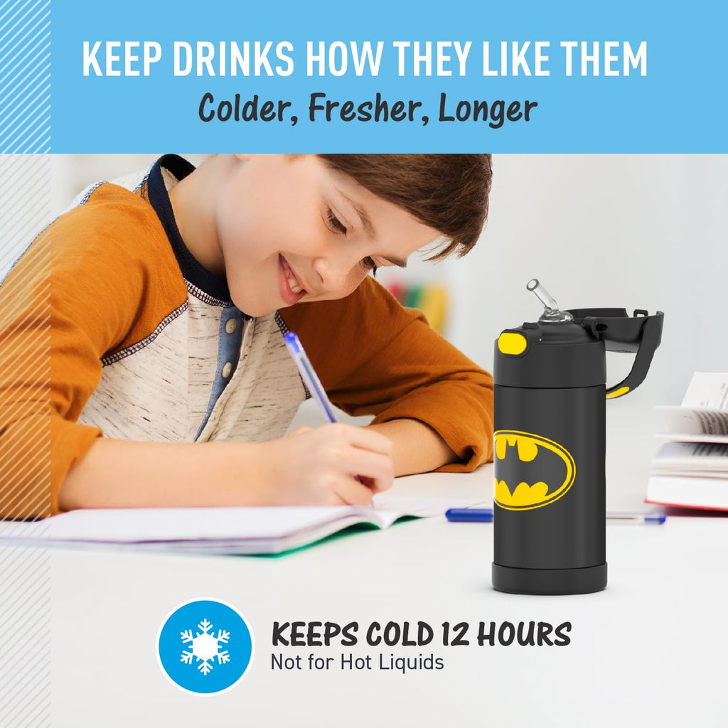 THERMOS FUNTAINER Water Bottle - 12 Ounce Kids Stainless Steel Vacuum Insulated with Straw | Batman Design